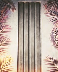 Minimal tropical frame with palm leaves and vertical panels background
