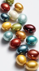 Colorful Metallic Easter Eggs on White Background: Shiny and Festive Holiday Decor
