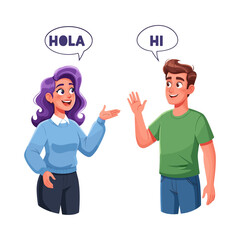 Friendly man and woman greeting each other with smiles waving hands and speech bubbles saying 'hola' and 'hi' in a bright cheerful cartoon style © MdSakib