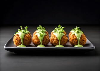 Crispy croquette bites topped with microgreens on black serving plate
