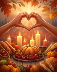 Hands making heart shape above candles and pumpkin, warm fall scene
