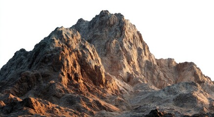 Majestic, rugged mountain peak with textured surface, sunlit side, and stark white background