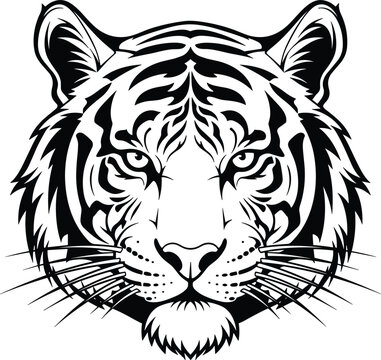 Intricate black and white tiger face illustration with bold symmetrical line art, detailed stripes and intense gaze for creative vector design projects