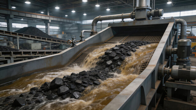 Interior view of an industrial processing plant showing ore being processed with water. Features conveyor systems, machinery, and hydraulic equipment for mineral separation.