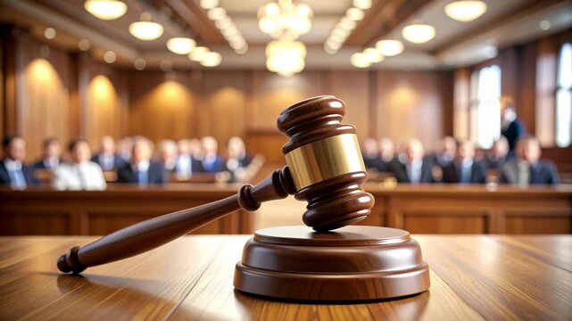Wooden gavel and sound block on a judge desk in a formal courtroom with a blurred jury and audience in the background