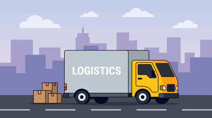 Naklejka premium Yellow delivery truck with logistics text on side and cardboard boxes on road against city skyline, concept for freight transportation, global distribution and ecommerce shipment