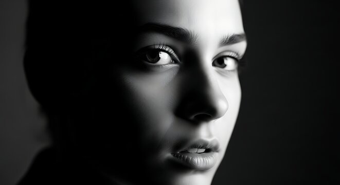 Closeup Young Woman Looking Ahead in Black and White