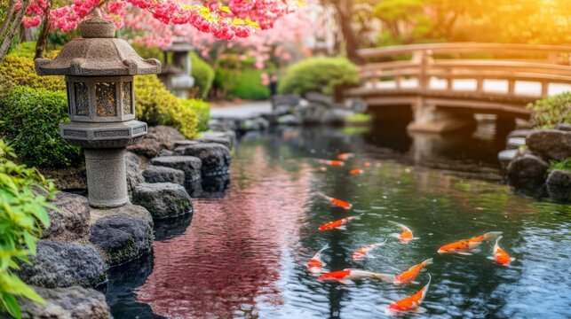A pond with a bridge and a lantern in the background. The water is calm and there are many fish swimming in it