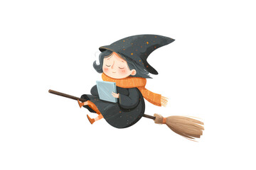 Obraz premium Sweet cartoon witch with a focus on her oversized pointed hat and broom, drawn in a minimal and friendly style.