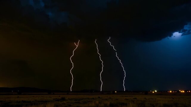 Dramatic triple lightning strike illuminating the dark night sky over a vast empty landscape during a thunderstorm