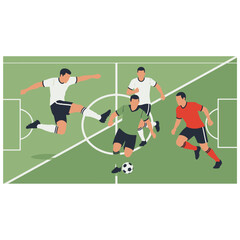 Fototapeta premium Dynamic soccer football players in action competing on a green field with a ball during an exciting match illustration