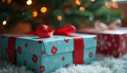 Obraz premium Blue gift box with red ribbon sits under Christmas tree with warm lights. Festive presents wrapped in decorative paper are ready for holiday celebration. Winter season joy awaits.