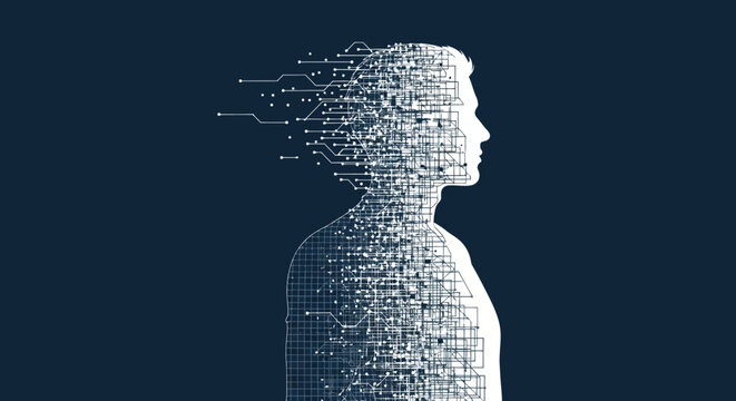 AI technology transforming the human form with digital particles representing data flow and connectivity, symbolizing the future of innovation and artificial intelligence