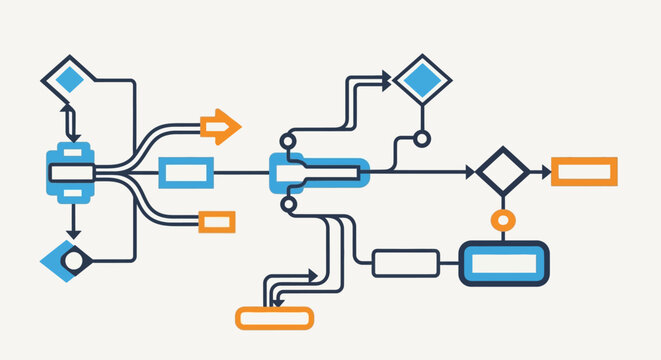 AI technology network flow diagram, a visual representation of complex processes and decision-making pathways in modern digital systems and AI applications