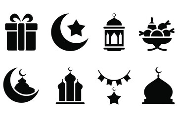 Islamic ramadan icons set including mosque dome gift box crescent moon lantern star and traditional food bowl silhouettes on transparent