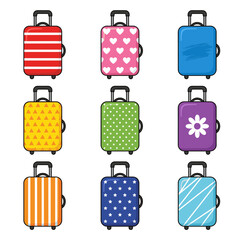 Colorful Travel Suitcase Collection with Different Patterns Including Stripes Hearts Polka Dots Stars and Flowers for Vacation and Luggage Identity Concepts
