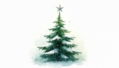 Obraz premium Winter landscape illustration. Decorated fir tree stands in snow with star on top. Gentle snowflakes fall around. Nature scene implies holiday spirit.