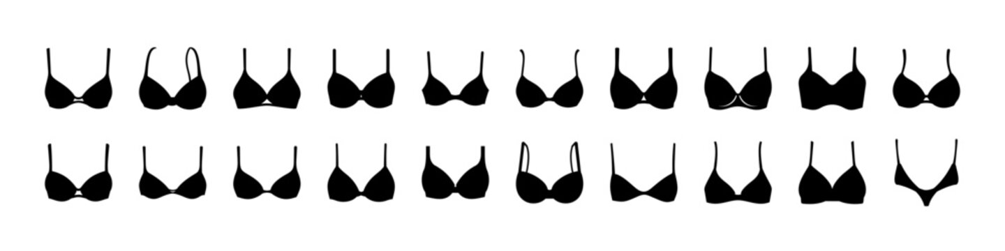 Set of diverse bra silhouettes in black - A clean collection of black bra silhouettes in various styles and cuts, presented in a simple linear arrangement for design or fashion reference.
