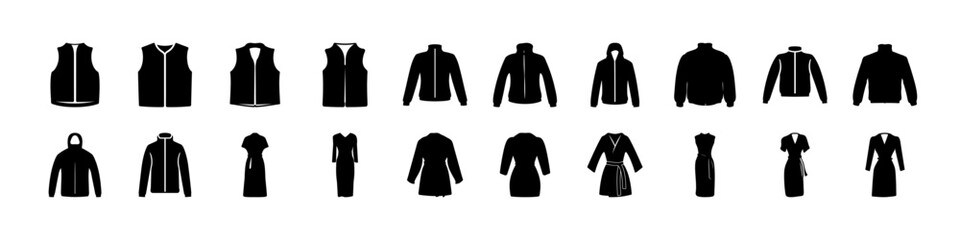 Black Jacket and Coat Silhouette Icon Set - Collection of black jacket and coat silhouettes isolated on white background, ideal for fashion design, clothing catalogs, and apparel branding graphics. © MST