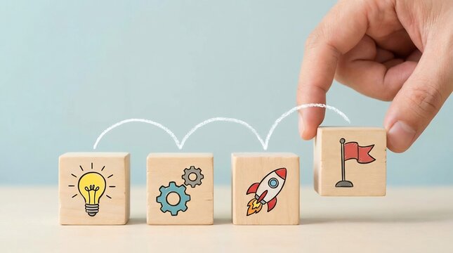 A person's hand places a final wooden block featuring a red flag goal at the end of a sequence showing idea, process, and launch icons.