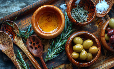 Rustic wooden bowls with olives, herbs, and oil on a weathered wooden surface