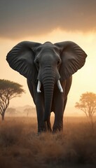 Fototapeta premium Large elephant walks across dry grass field at sunset. Gentle giant with big ears and tusks moves through savanna landscape. African wildlife in natural habitat during golden hour.
