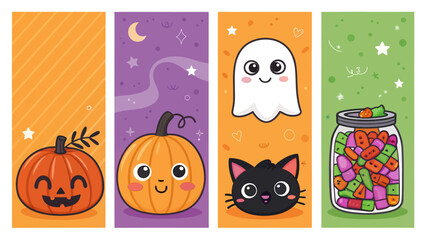 Fototapeta premium Halloween themed vector illustrations of pumpkins ghost cat and candy in colorful backgrounds