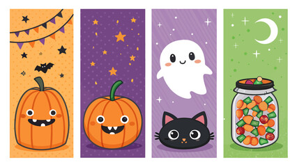 Halloween themed illustrations of pumpkin ghost cat and candy for kids party decoration