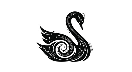Obraz premium Elegant black swan with swirling patterns and starry details on white background