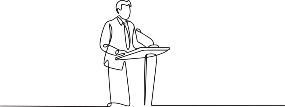 Speaker man speech behind tribune on conference, continuous one line drawing. Orator on podium by leader, businessman, teacher talking.one line vector icon with out background