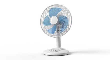 White electric desk fan with blue blades a portable cooling device for home or office isolated on a clean white background