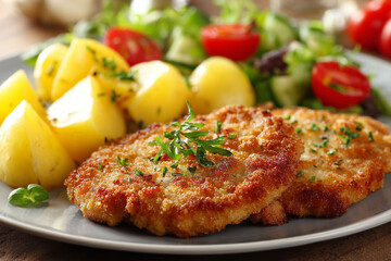 A vibrant, high-definition close-up of golden breaded chicken cutlets served with roasted potatoes and a fresh tomato salad on a dark plate, featuring a shallow depth of field.