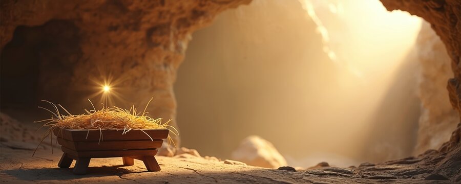 Empty manger in cave with star light. Nativity scene concept, Bethlehem birth. Represents Christian faith, hope, salvation, Christmas season.