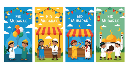 Fototapeta premium Eid mubarak celebration vector illustrations with kids and food stalls