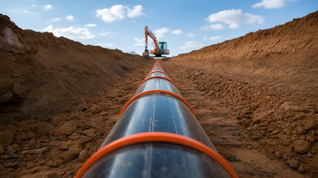 Oil Pipeline in Desert with Pumpjack in Background Representing Energy Infrastructure, Petroleum Industry, Fossil Fuel Extraction and Industrial Transport Concept