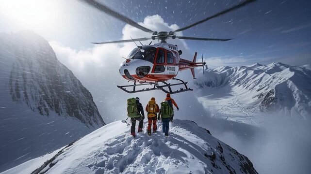 Rescue helicopter arriving at snowy mountain summit