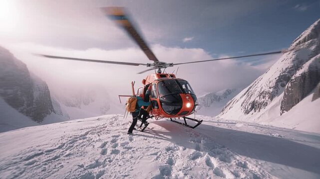 Rescue helicopter arriving at snowy mountain summit