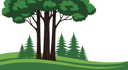 Obraz premium Large deciduous tree with a dark trunk stands prominently in the foreground against a backdrop of smaller green pine trees.