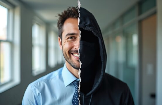 Man wears shirt and tie on one side, black hoodie and mask on other. Represents dual identity duality of trusted employee turned malicious hacker.