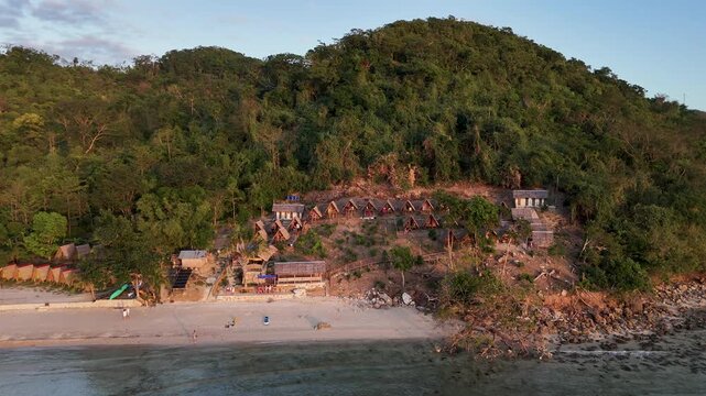 Drone aerial view of KMAAL campsite in Linapacan near Coron in The Philippines.