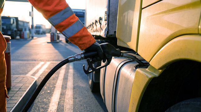 Worker filling a yellow semi truck with diesel fuel at a station during a warm sunset
