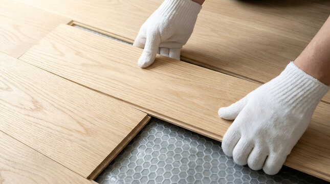 Worker installing light wood laminate flooring over underlayment