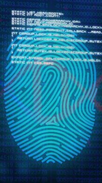 Vertical video: Code fading in initiating fingerprint pulsing, running biometric auth over data