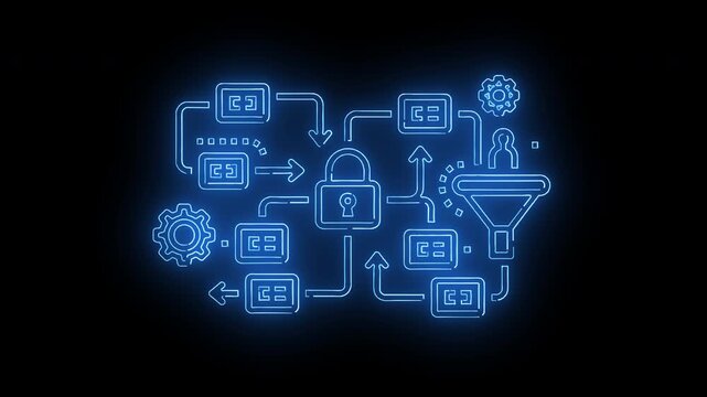 Neon-lit cybersecurity flowchart diagram with lock, funnel, and server icons on a black background with blue glowing lines and arrows.