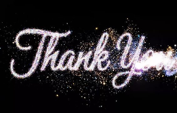 A vibrant multi-colored comet trail sweeps across the screen to form the words thank you in sparkling glitter.
