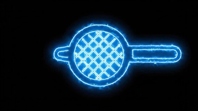 Glowing blue neon outline of a kitchen strainer on a dark background