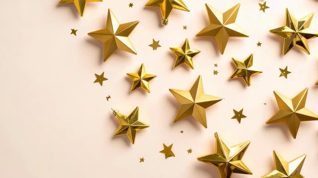 Elegant festive background featuring golden metallic three dimensional stars and small star confetti on a pale pink surface