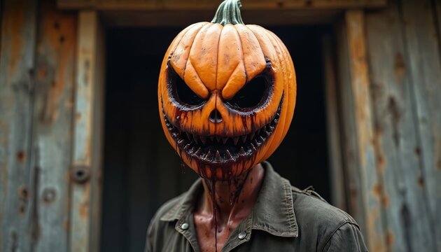 Creepy figure wears carved pumpkin head with blood dripping from scary grinning mouth. Stands before old wooden building, creating horror atmosphere for Halloween or scary movie themes.