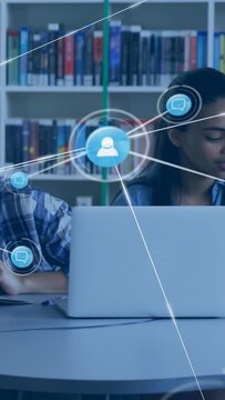 Vertical video: Peers reading at library, page flip sparking user icons and chats on table for exam