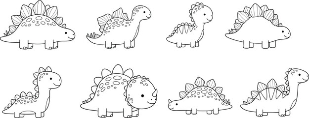 Cute dinosaur cartoon set with stegosaurus characters in different poses, adorable baby dino collection, line art illustration for kids coloring pages and nursery design © Ariful